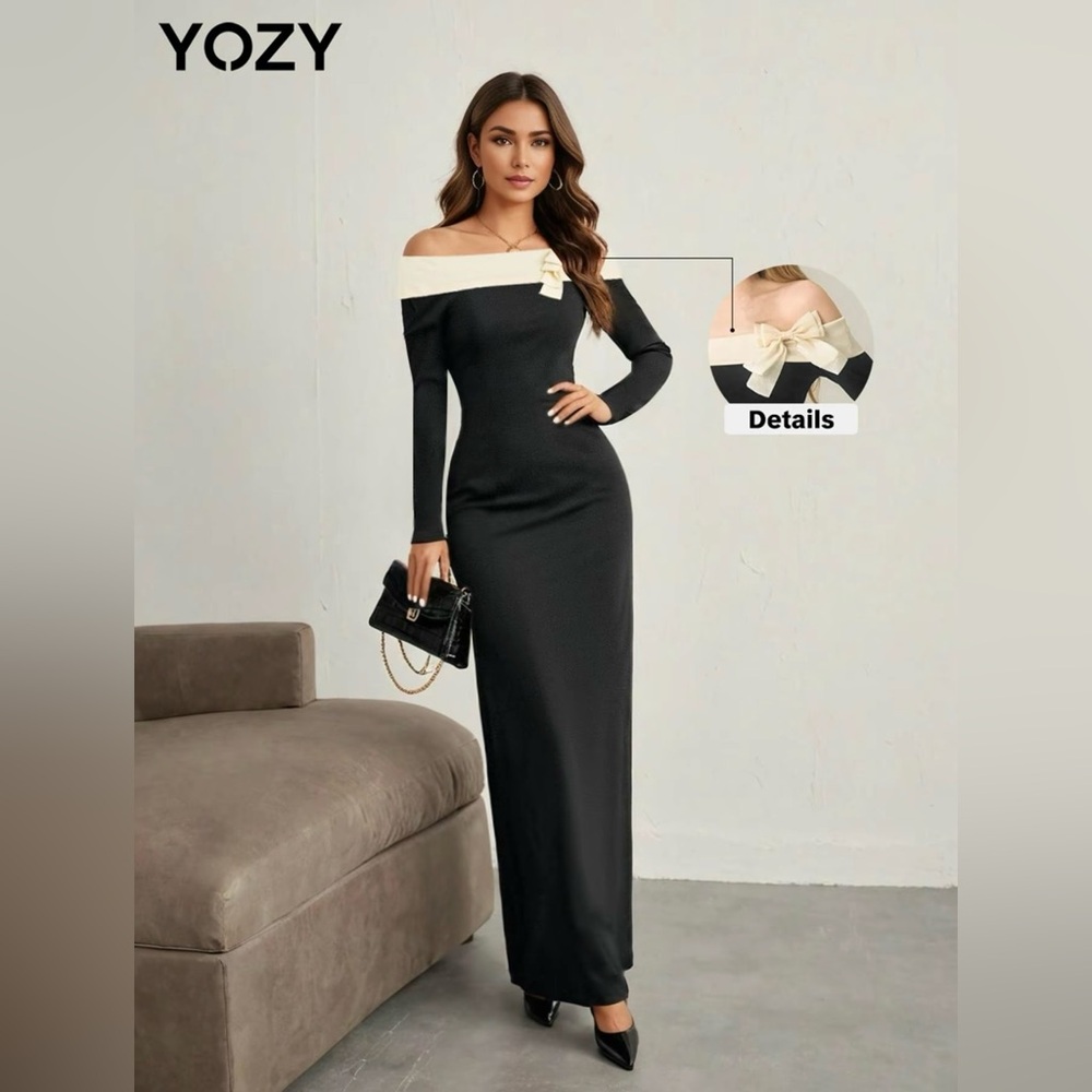 NWT - Women's Colorblock Bow Decor Off-Shoulder Bodycon Dress